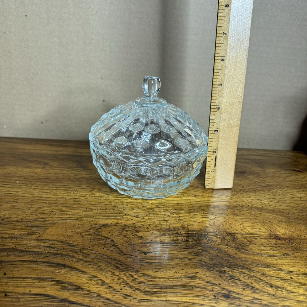 Vintage Indiana Whitehall Clear Glass  Candy Dish‎  Cubist Bowl Jar w/ Lid - Picture 9 of 12